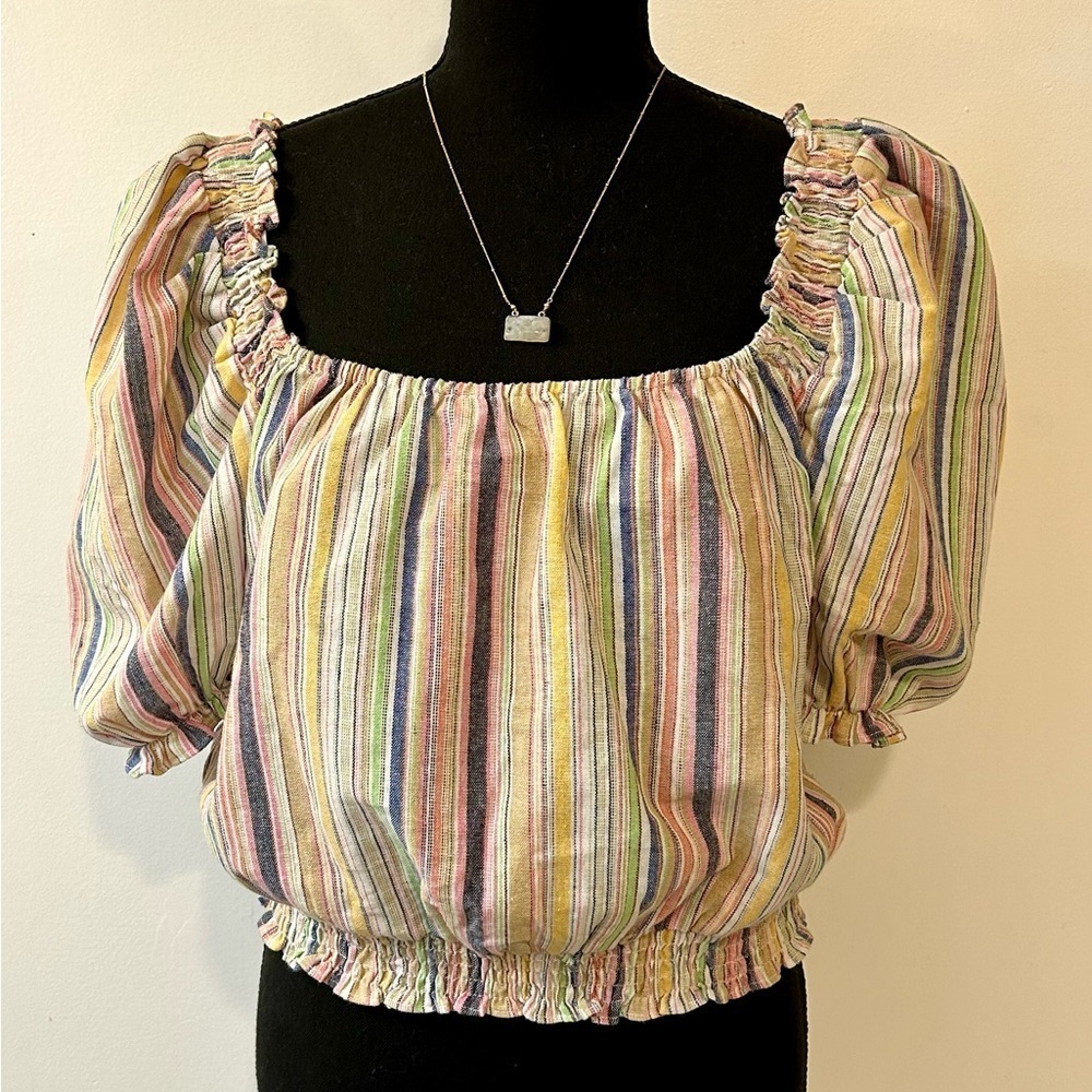 Lumiere Striped Linen Blend Cropped Peasant Top Size Small